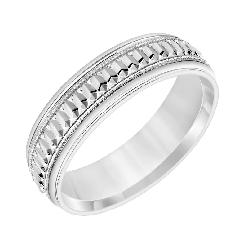 14K White Gold Low Dome Carved Band With Swiss Cut And Milgrain (6.5mm)