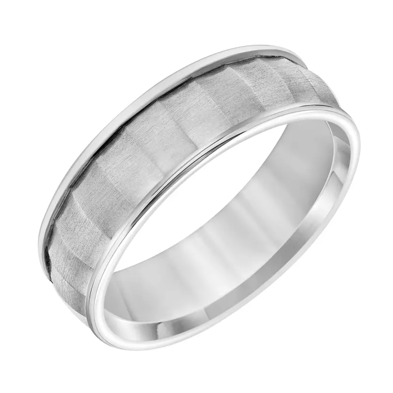 14K White Gold Brushed Scalloped Pattern Carved Band (6.5mm)