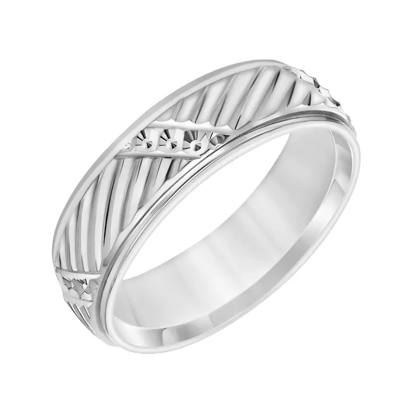 14K White Gold Polished Low Dome Band With Swiss Cut Diagonal Grooves (6.5mm) 