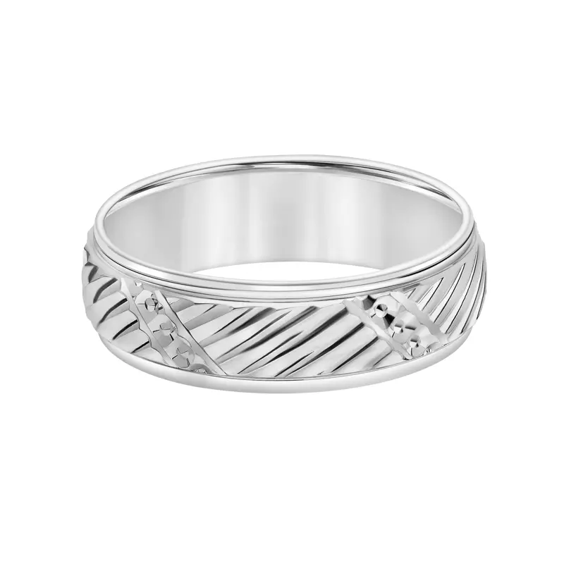 14K White Gold Polished Low Dome Band With Swiss Cut Diagonal Grooves (6.5mm) 