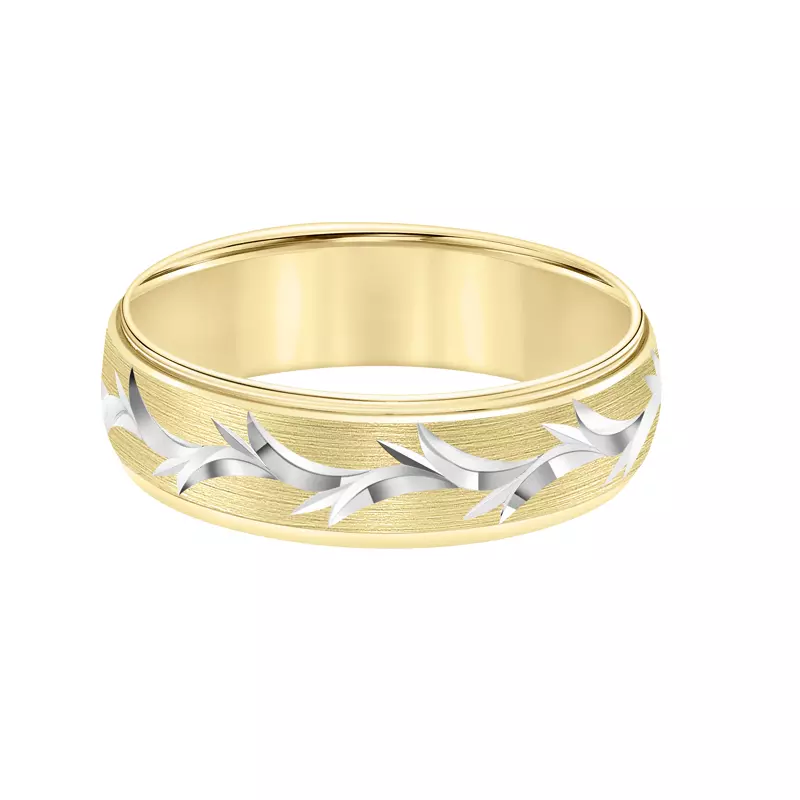 14K Yellow Gold Two-Tone Carved Brushed Band With Swiss Cut Design (6.5mm)