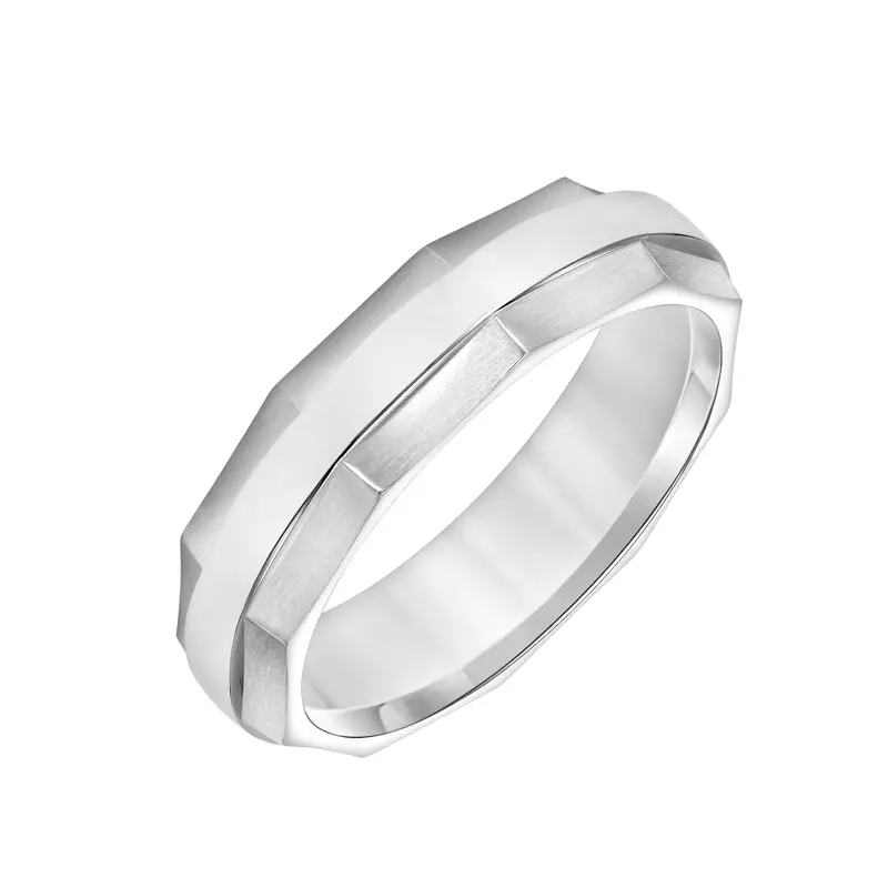 14K White Gold Faceted Beveled Edge Brushed Band (6mm)