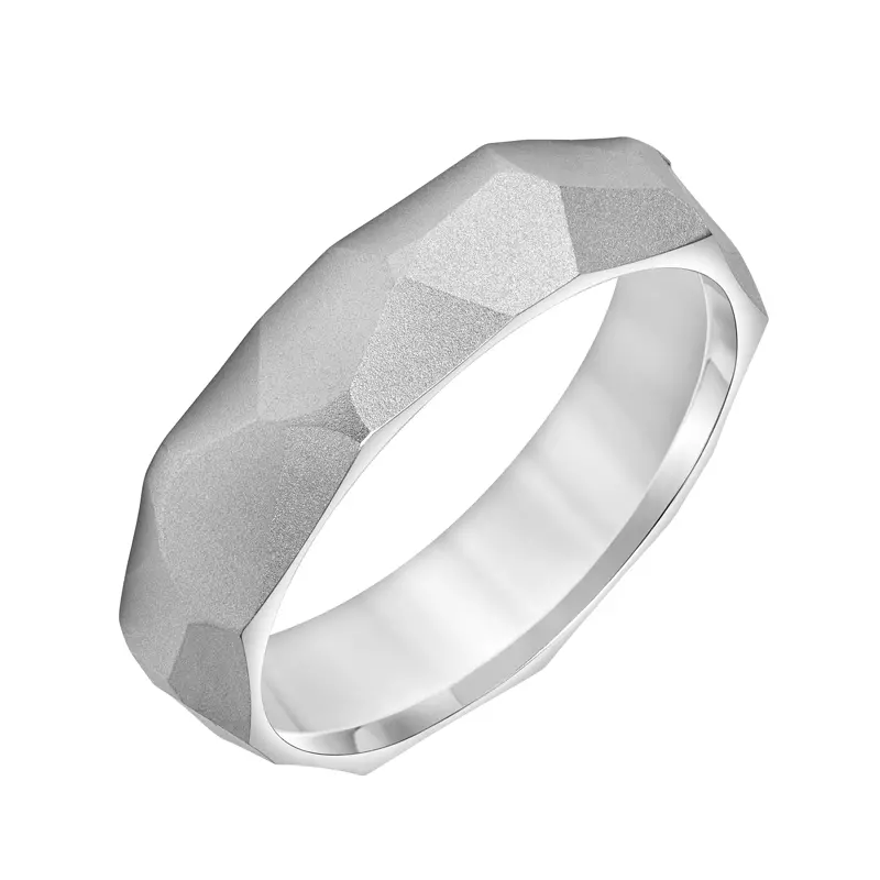 14K White Gold Multi-Faceted Brushed Band (6.5mm)
