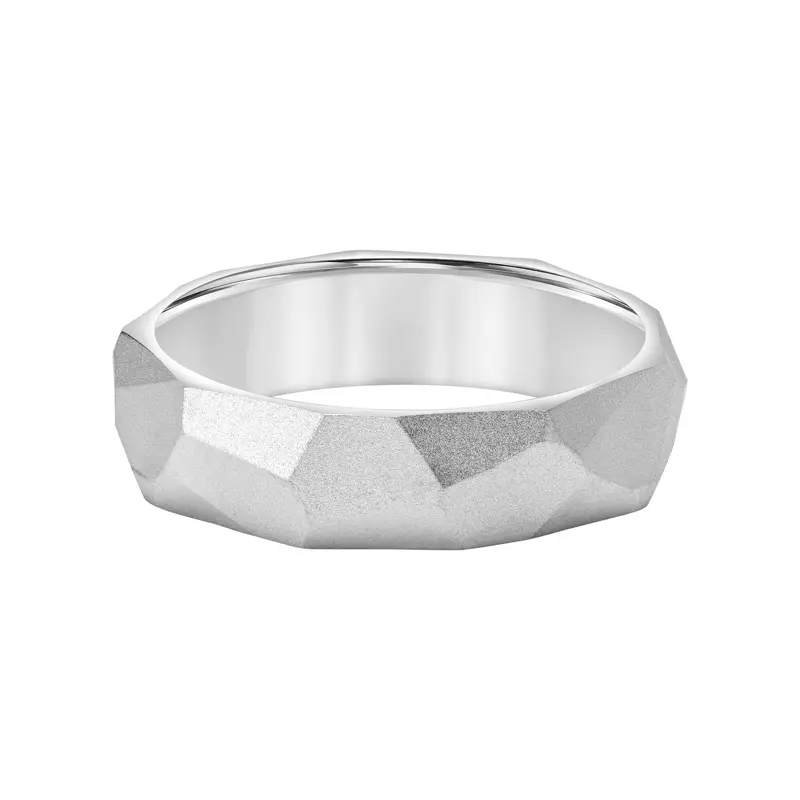 14K White Gold Multi-Faceted Brushed Band (6.5mm)