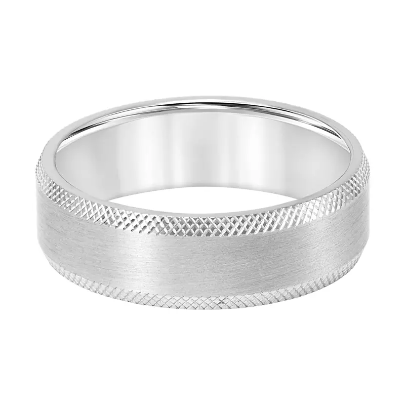 14K White Gold Brushed Band With Knurled Bevel Edges (7mm)