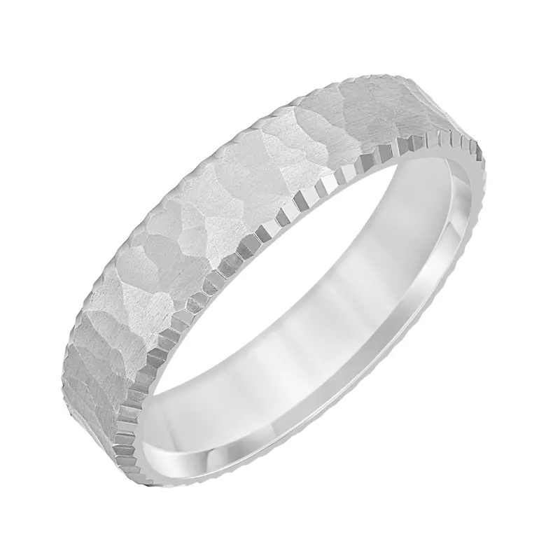 14K White Gold Brushed Hammered Finish And Serrated Edge Band (5mm)