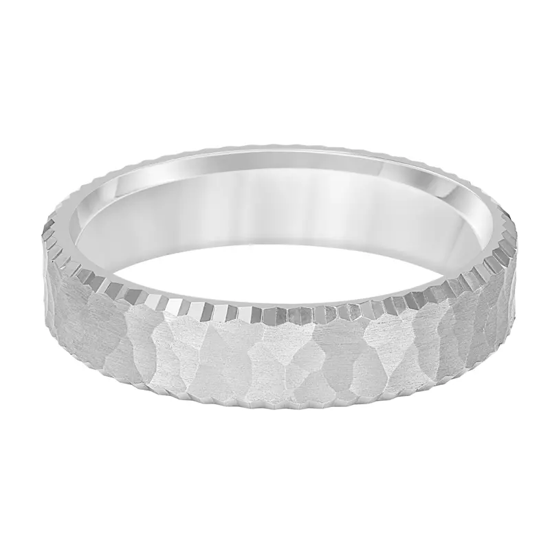 14K White Gold Brushed Hammered Finish And Serrated Edge Band (5mm)