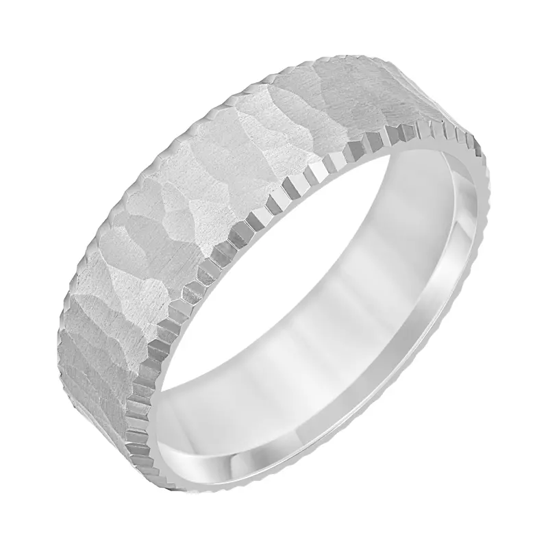 14K White Gold Brushed Hammered Finish And Serrated Edge Band (7mm)