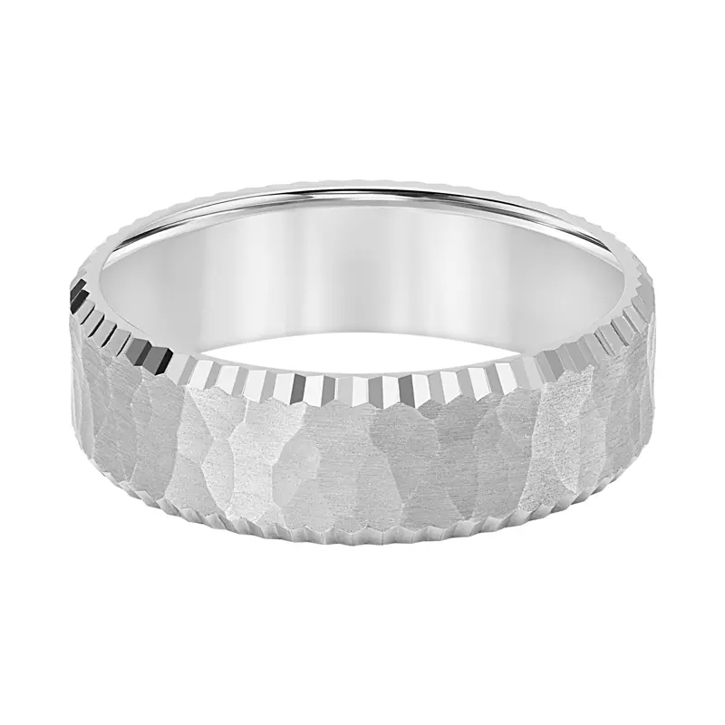 14K White Gold Brushed Hammered Finish And Serrated Edge Band (7mm)