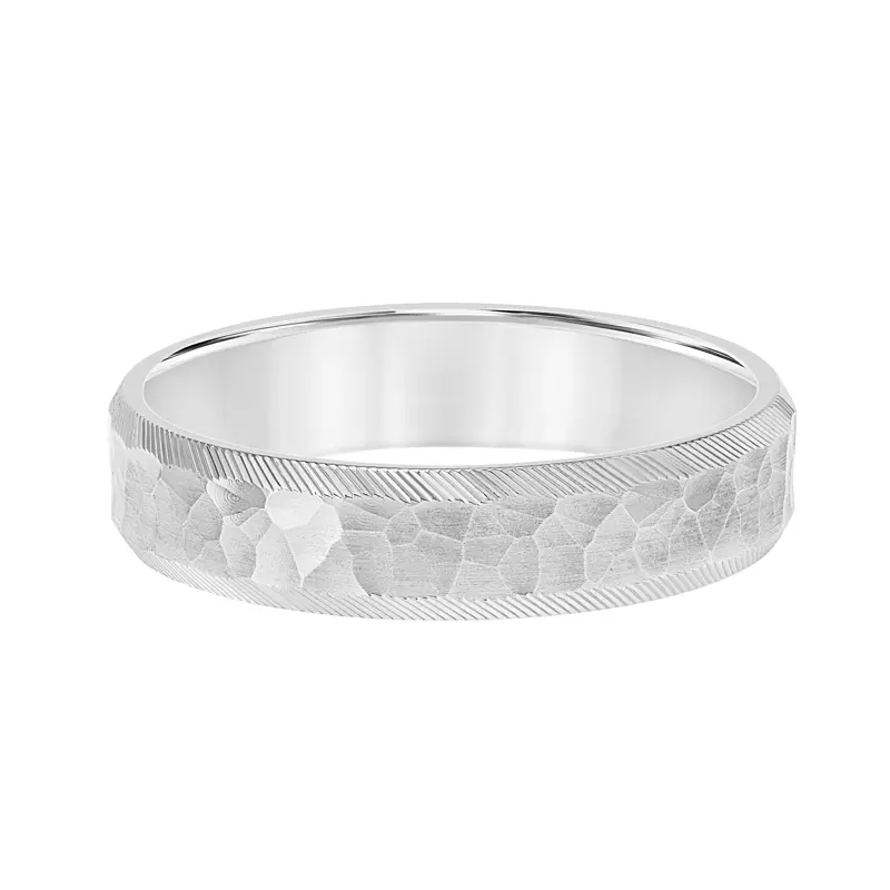 14K White Gold Brushed Hammered Finish With Polished Diagonal Edge Band (5mm)