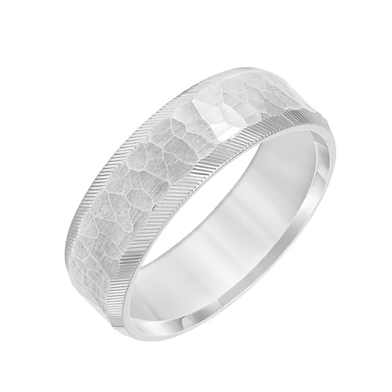 14K White Gold Brushed Hammered Finish With Polished Diagonal Edge Band (7mm)