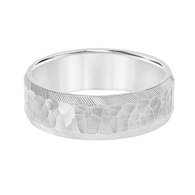 14K White Gold Brushed Hammered Finish With Polished Diagonal Edge Band (7mm)