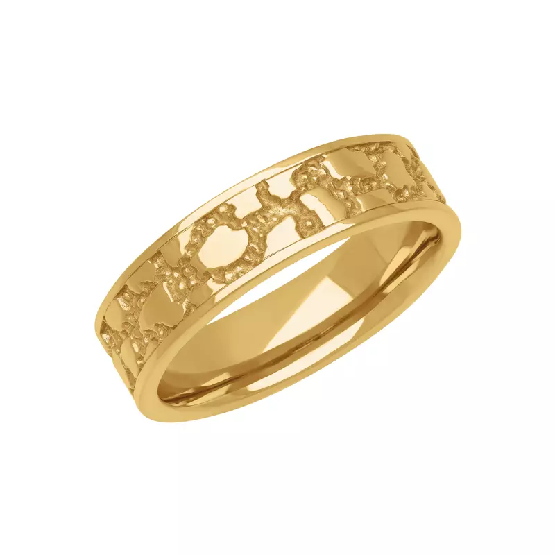 14K Yellow Gold Gold Nugget Textured Design with Flat Edge Band (6mm)