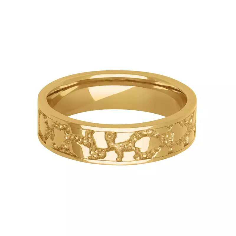 14K Yellow Gold Gold Nugget Textured Design with Flat Edge Band (6mm)