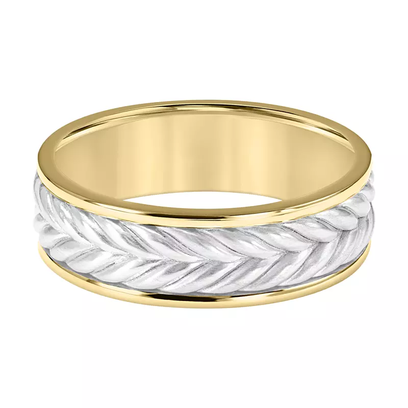 14K Yellow Gold Two-Tone Chevron Braided Band With Raised Edge (7mm)