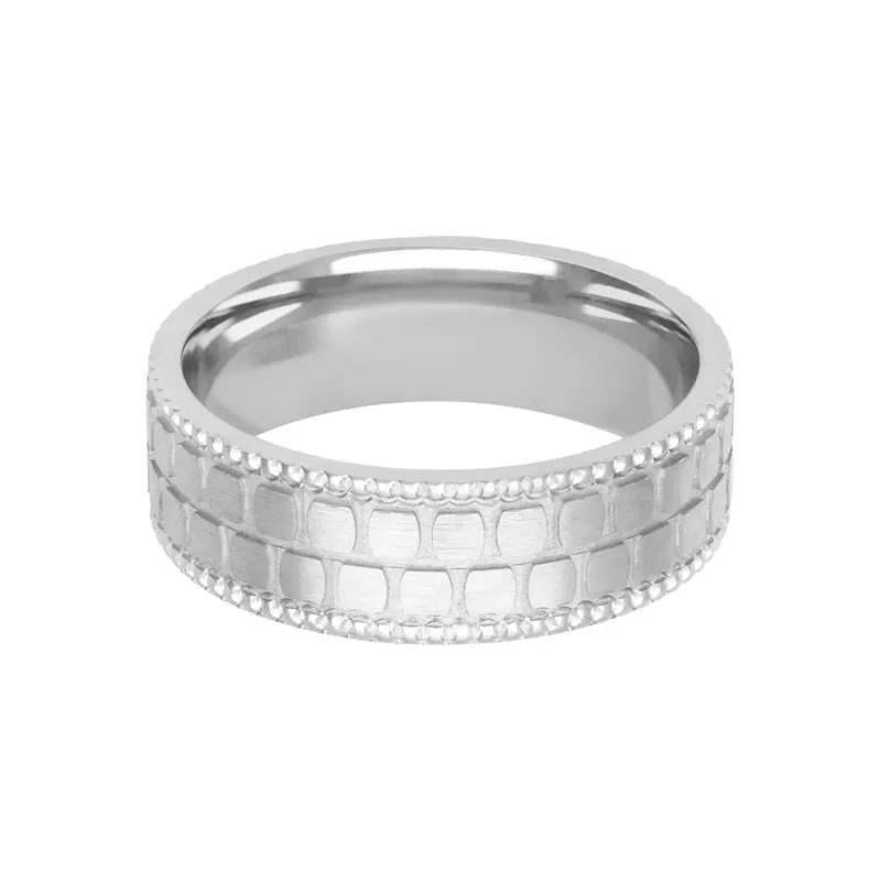 14K White Gold Brushed Geometric Cut With Polished Beaded Band (7mm)