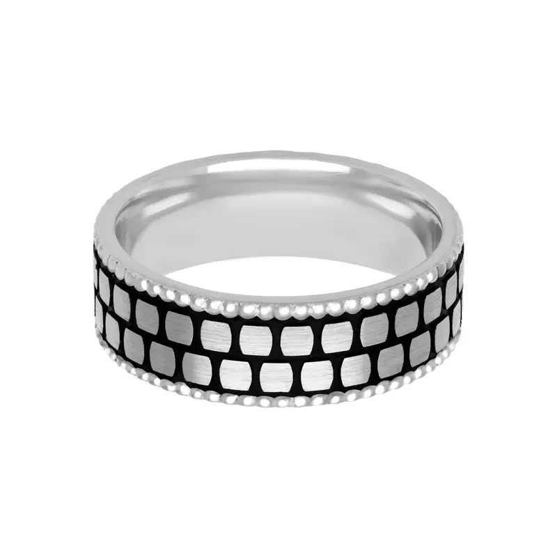 14K White Gold Brushed Geometric With Black Patina And Polished Beaded Edge Band (7mm)