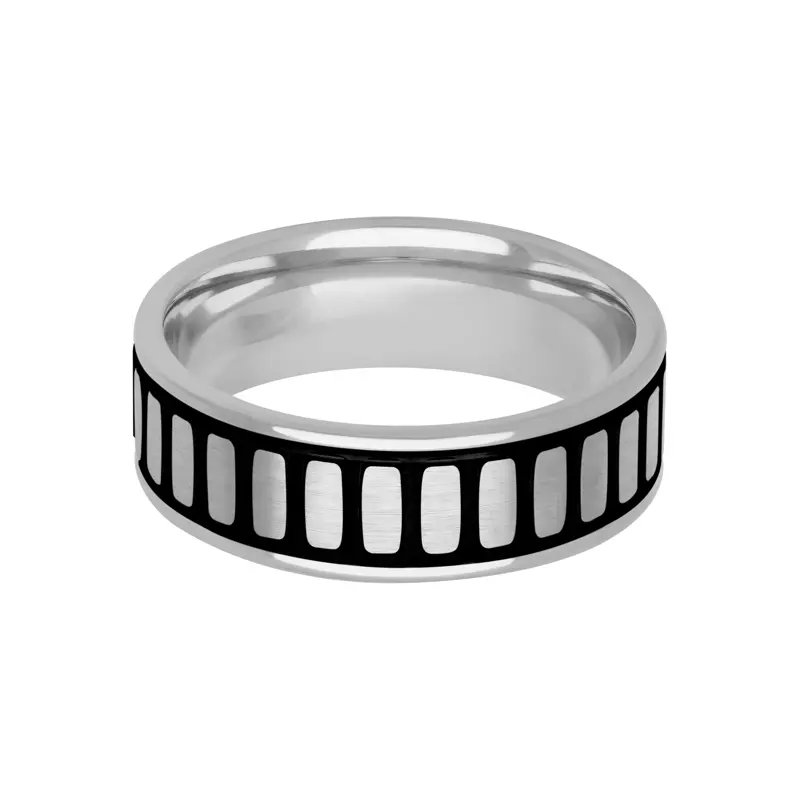14K White Gold Brushed Geometric Band With Black Patina And Polished Edge (7mm)