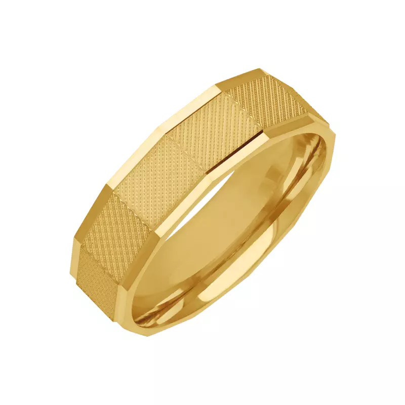 14K Yellow Gold Textured Diamond Cut Detailing With Faceted Edge Band (6.5mm)