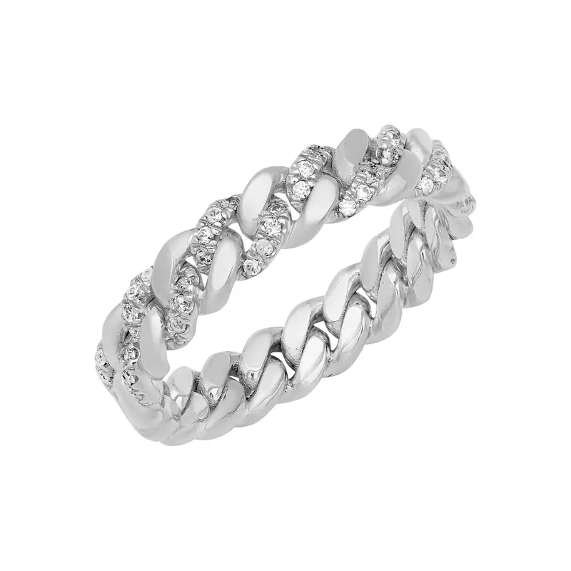 14K White Gold Brush Cuban Link Half-Eternity Diamond Band (5mm)