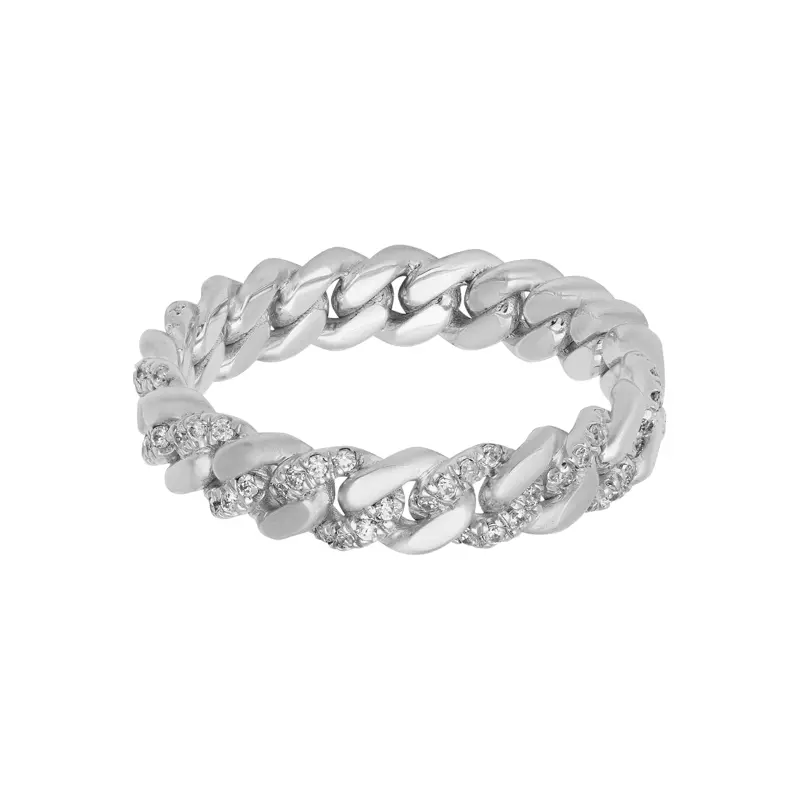 14K White Gold Brush Cuban Link Half-Eternity Diamond Band (5mm)