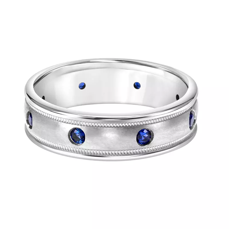 14K White Gold Sapphire Eternity Brushed Milgrain Band (6.5mm)