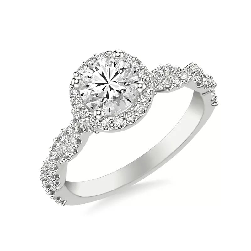 14K White Gold Elsa Halo with Twisted Pavé Band Engagement Ring