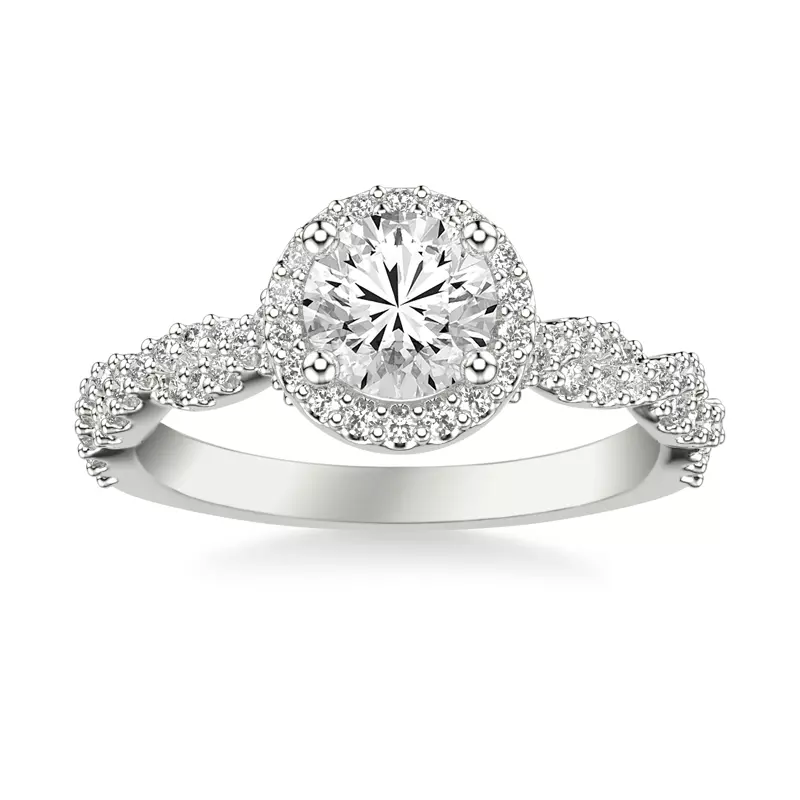 14K White Gold Elsa Halo with Twisted Pavé Band Engagement Ring