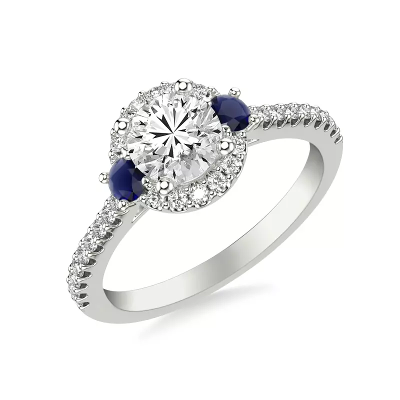 18K White Gold Camelia Halo And Sapphire Accent Engagement Ring