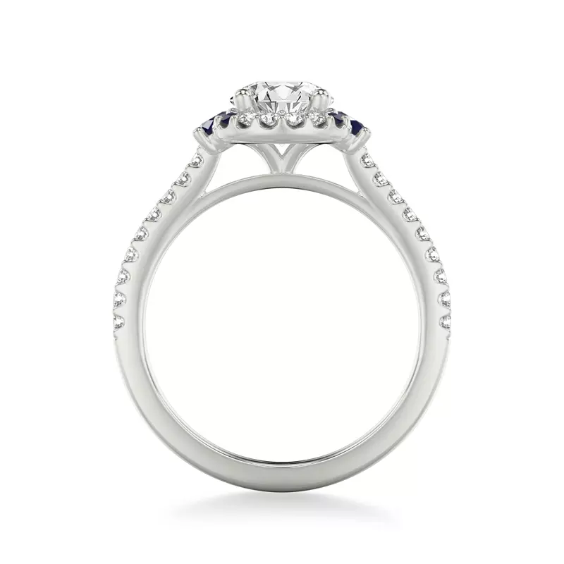 18K White Gold Camelia Halo And Sapphire Accent Engagement Ring