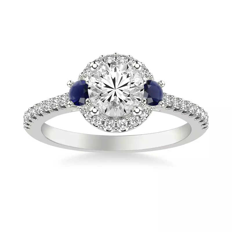 18K White Gold Camelia Halo And Sapphire Accent Engagement Ring