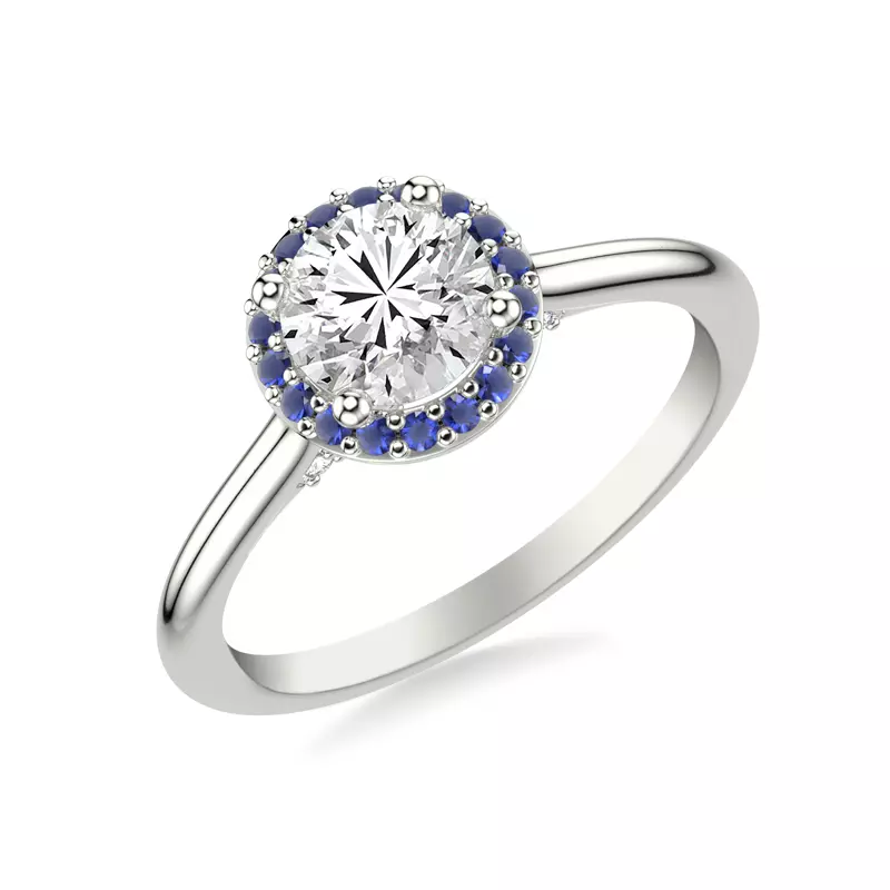 14K White Gold Royalty Sapphire Halo Engagement Ring