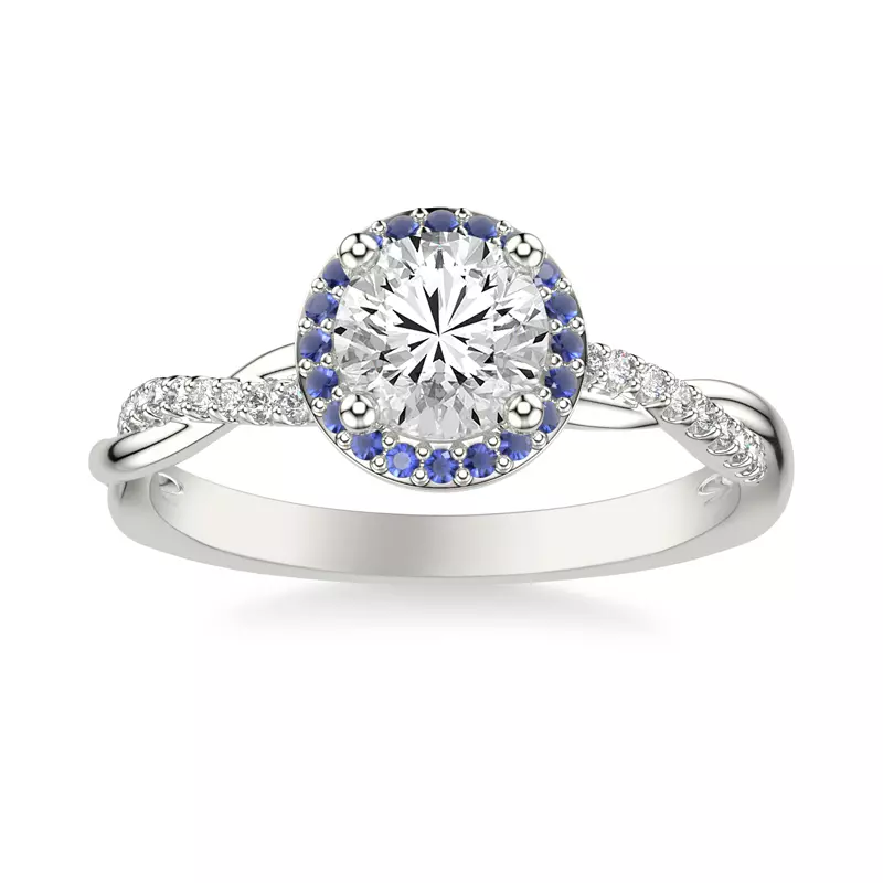 18K White Gold Leighton Diamond Twist And Sapphire Halo Engagement Ring