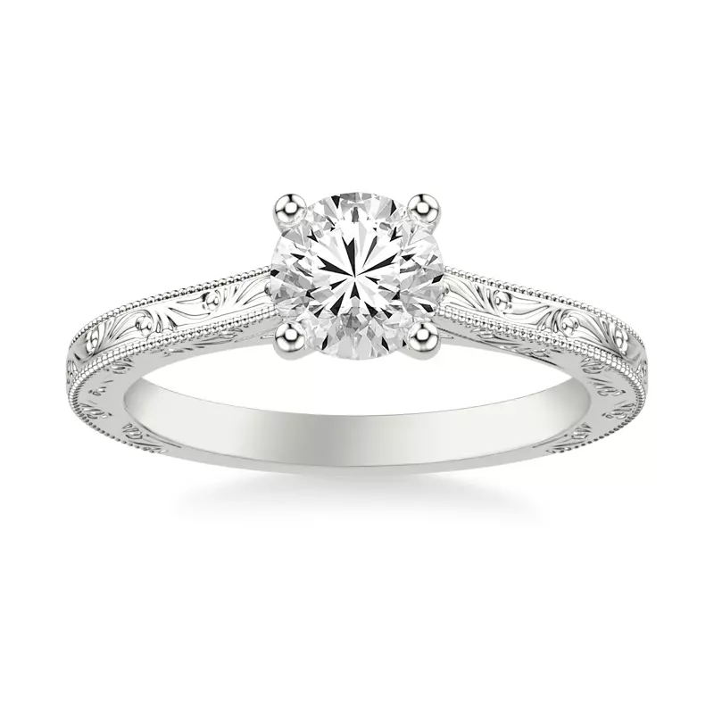 14K White Gold Islay Hand-Engraved Solitaire Engagement Ring