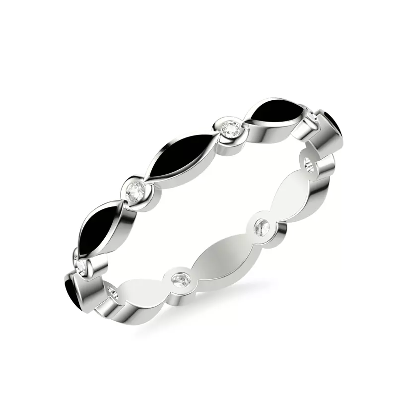 14K White Gold Round Diamond & Ceramic Marquise Shaped Eternity Band