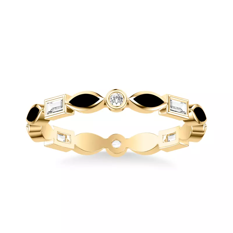14K Yellow Gold Round and Baguette Diamond Ceramic Eternity Band