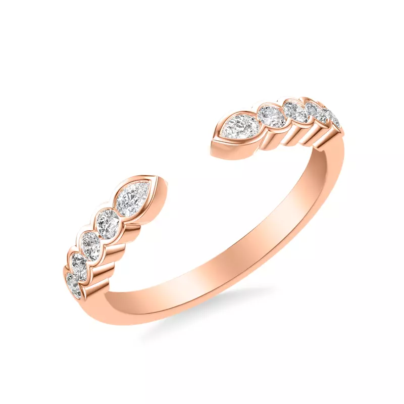 14K Rose Gold Clover Pear And Round  Bezel Open Band