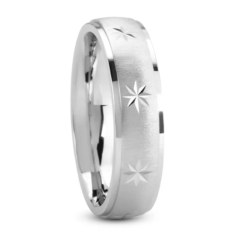 18K White Gold Glia Engraved Compass Star Band (7mm)