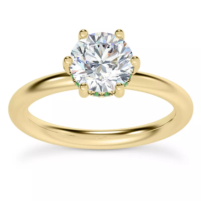 14K Yellow Gold Colore Emerald Hidden Halo Engagement Ring