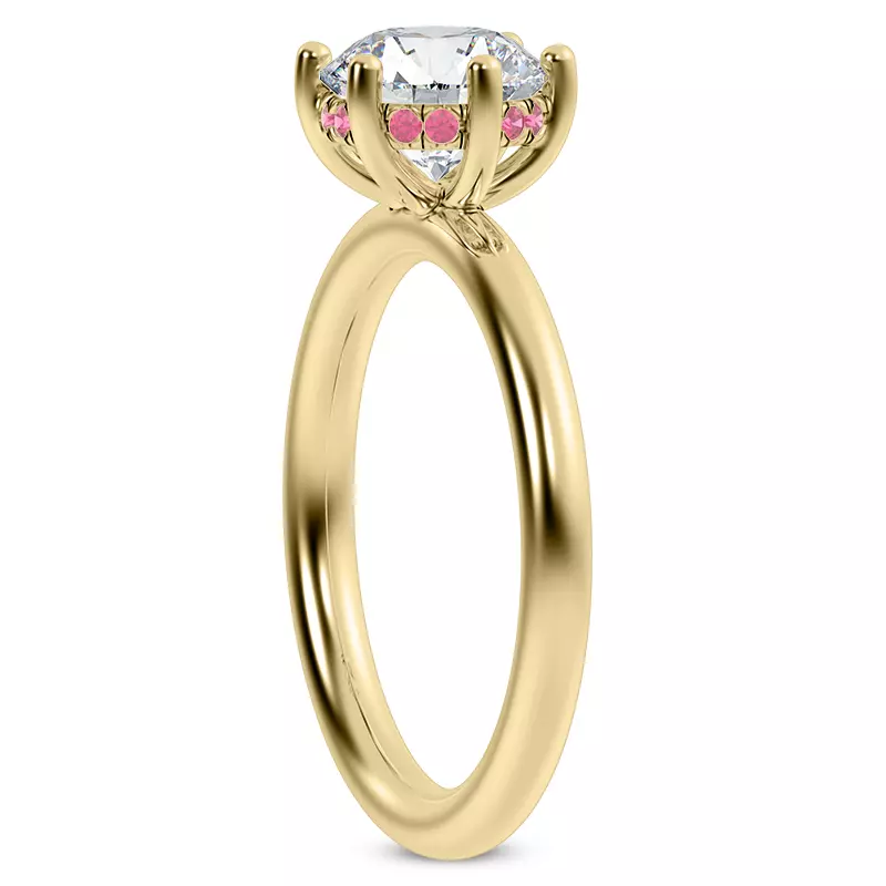 14K Yellow Gold Colore Pink Sapphire Hidden Halo Engagement Ring