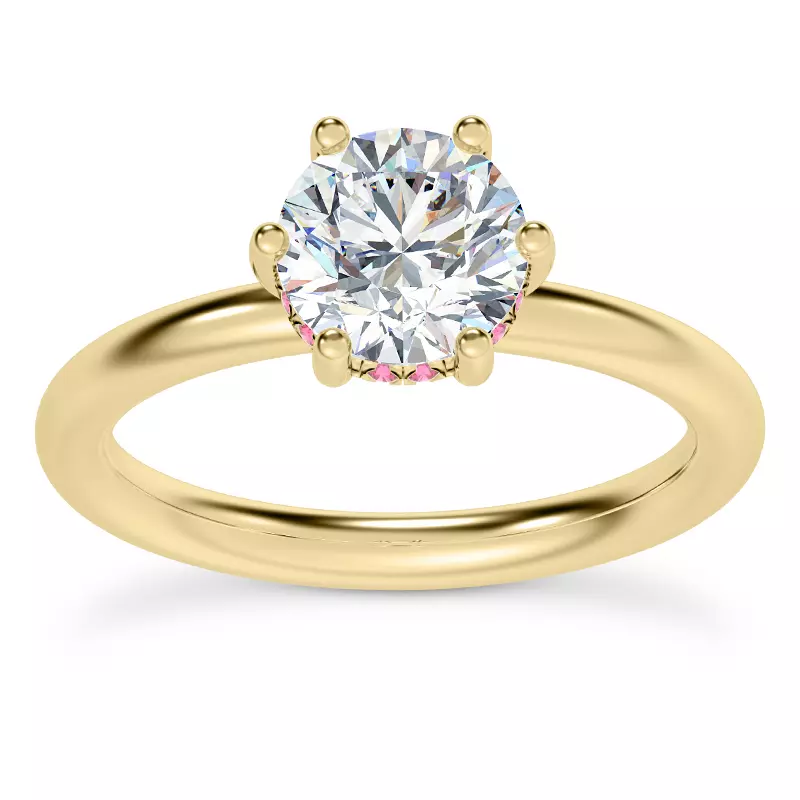 14K Yellow Gold Colore Pink Sapphire Hidden Halo Engagement Ring