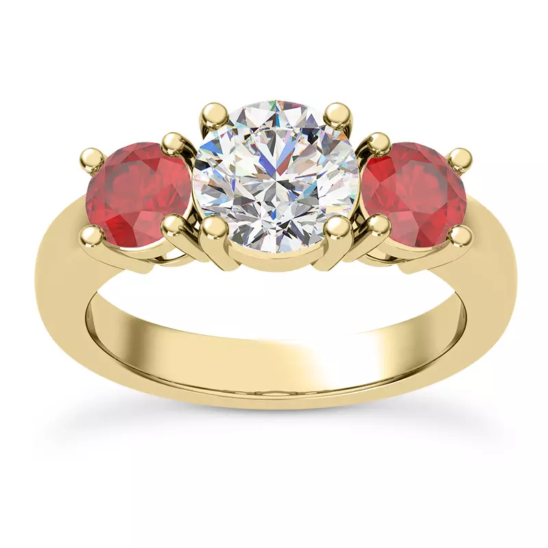 14K Yellow Gold Mavrica Round Ruby Three-Stone Engagement Ring