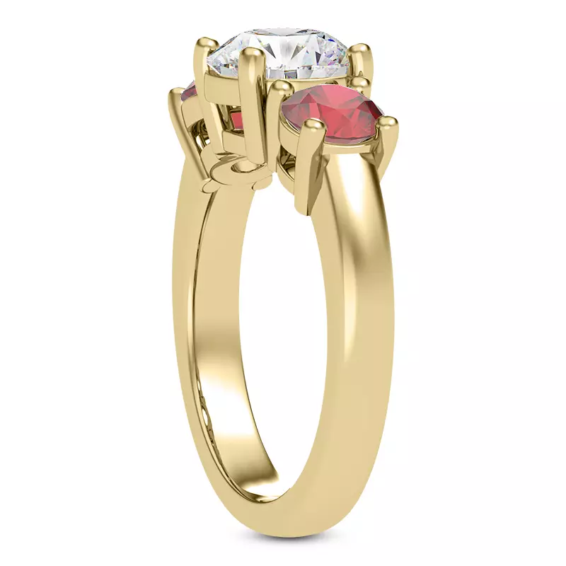 14K Yellow Gold Mavrica Round Ruby Three-Stone Engagement Ring