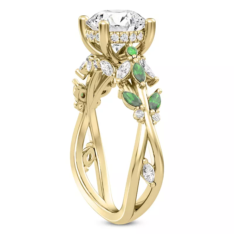 14K Yellow Gold Butterfly And Bee Vine Twist Emerald Engagement Ring
