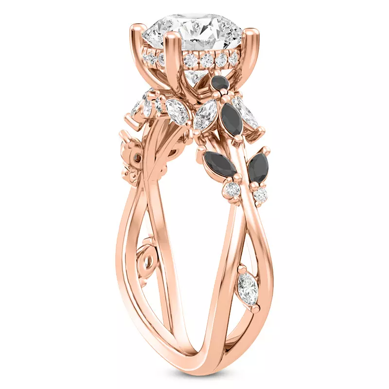 14K Rose Gold Butterfly And Bee Vine Twist Black Diamond Engagement Ring