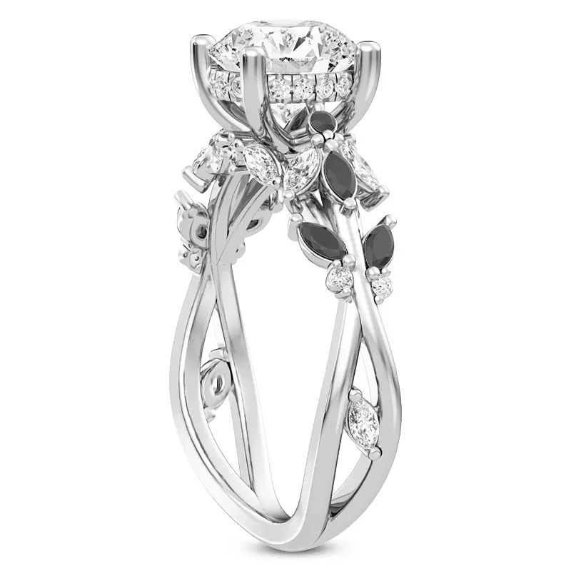 Platinum Butterfly And Bee Vine Twist Black Diamond Engagement Ring