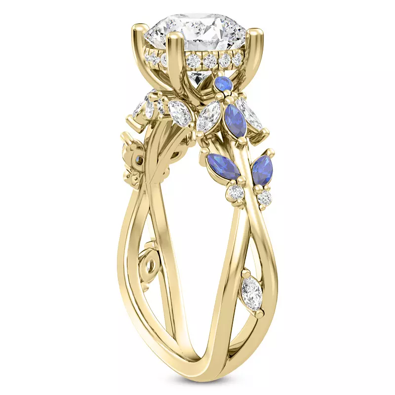 14K Yellow Gold Butterfly And Bee Vine Twist Sapphire Engagement Ring