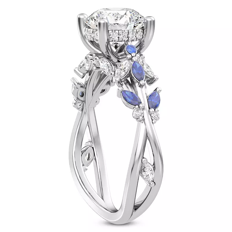 18K White Gold Butterfly And Bee Vine Twist Sapphire Engagement Ring