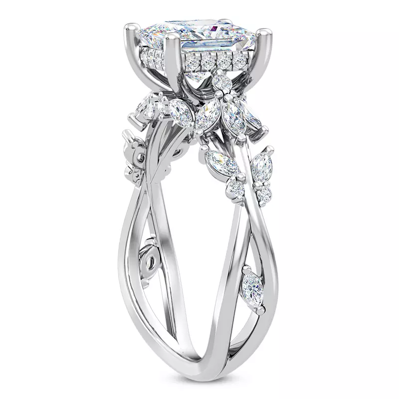 14K White Gold Butterfly And Bee Vine Twist Lab Engagement Ring