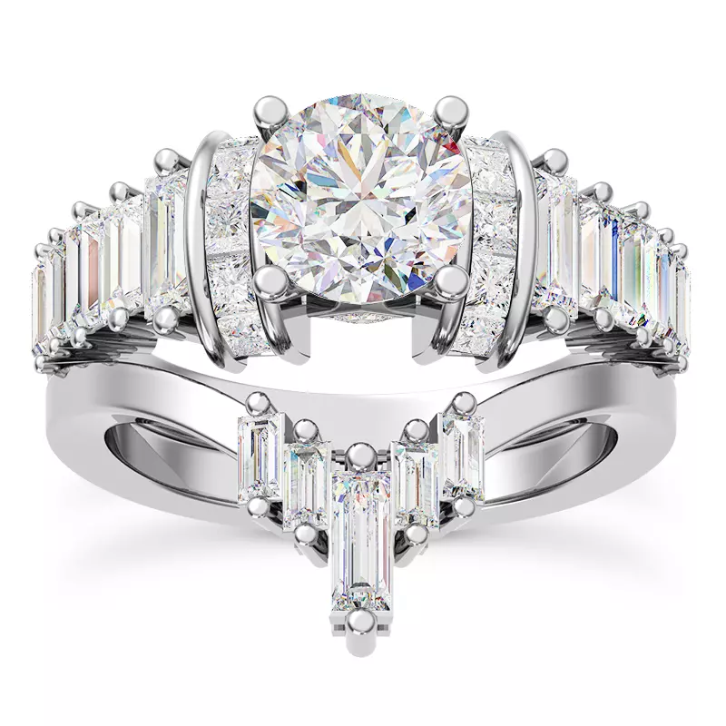 14K White Gold Lyric Arch-Set Princess-Cut & Baguette Engagement Ring